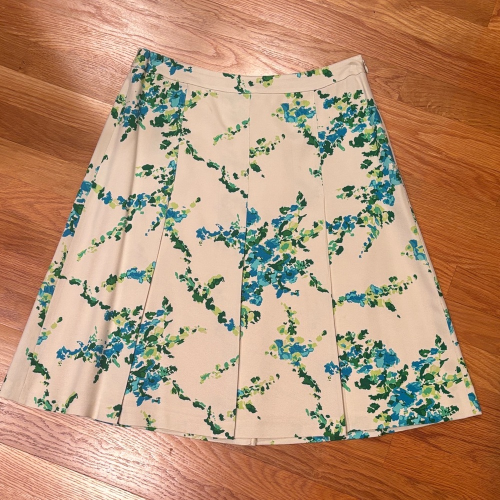 Ann Taylor Cream A-Line Skirt with Blue and Green Floral Pattern